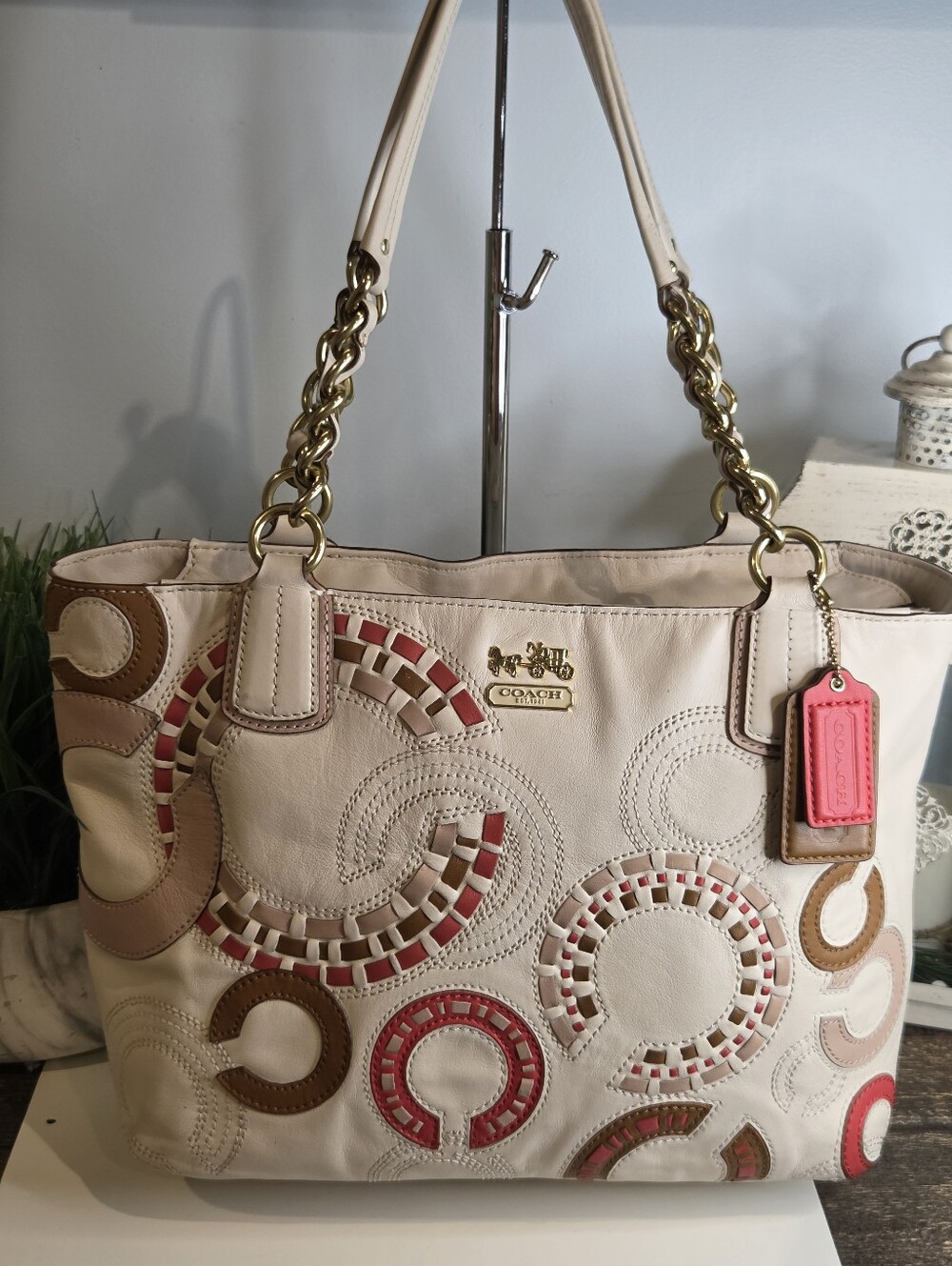Coach Madison Op Art Whipstitch Leather Tote Bag Parchment White 22279 EUC